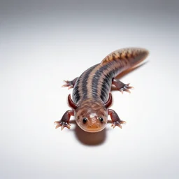striped axolotl, studio photography, full body, isolated on a pure white background, centered, entire subject in frame, sharp focus, soft studio lighting