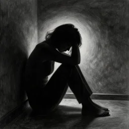 graphite illustration of a silhouette of a depressed person sitting in the corner of a dark room