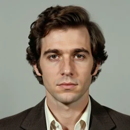 A mugshot portrait of a man who looks like Jerma985 with short length wavy hair, a combover and wearing late 1970s menswear in the late 1970s, taken in the late 1970s, grainy, realistic, hyperrealistic, very realistic, highly detailed, very detailed, extremely detailed, detailed, trending on artstation, front facing, front view, headshot and bodyshot, detailed face, very detailed face