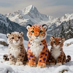 3 d precious moments plush clouded leopard with realistic fur and an orange / purple / white color scheme, snowy mountain landscape, master painter and art style of john william waterhouse and caspar david friedrich and philipp otto runge