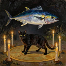 By Leonora Carrington, a large cat using a divination circle to summon a large tuna fish, shadowy environment lit by very large candles, artistic, oil painting.