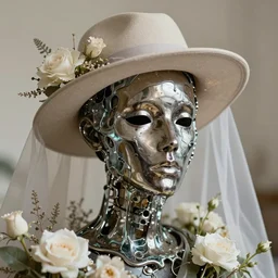 a head made out of metal and glass melting, neutral palette, it is wearing a hat and a veil, there are flowers all around it, vogue cover style, depth of field, greg rutkowski style