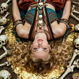 full frontal editorial photo of girl lying on bones covering the ground, blonde, curly hair, clean big eyes, symmetrical beautiful face, clean skin, bones on ground, skull jewelry, native costume and accessories,, fashion editorial photography, hyperrealistic, from vogue magazine, ultra realistic, artgerm, reflections, gold, teal, orange