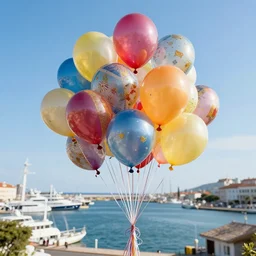 photo of a lot of birthday balloons floating above a beautiful maritime port. sharp focus, highly - detailed, award - winning