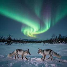 a very very beautiful snowy landscape at night, northern lights, aurora borealis, arctic foxes are playing in the snow.
