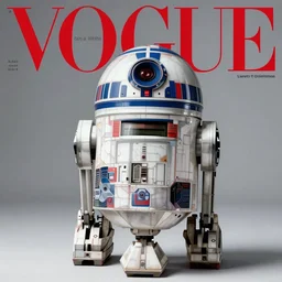 probe droid from star wars fashion. studio photo. vogue magazine cover with text. highly detailed