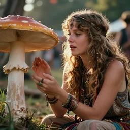 70s photo of beautiful hippy girl at hippy festival talking to a giant mushroom