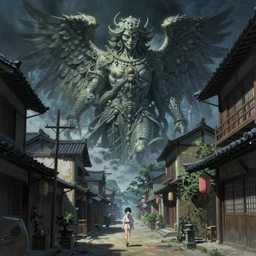 a painting of a traditional asian village street, with a massive statue of a strange and surreal angel by peter mohrbacher ; a high definition screenshot from the haunting and mystical dark fantasy science fiction anime anime anime film ; digital painting by peter mohrbacher and makoto shinkai, trending on artstation