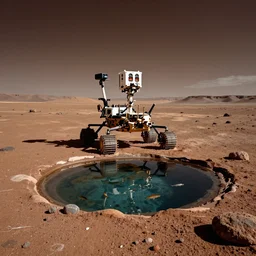 The Mars rover facing a fish pond on the Martian surface