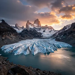 landscape photography by marc adamus, a glacial lake, mountains, sunset, dramatic lighting, glacial lake clouds, beautiful, hyper detailed, uhd,