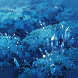 blue themed crystal blue landscape, miyazaki style, cinematic, indie, highly detailed, featured on artstation, highly detailed, abstract