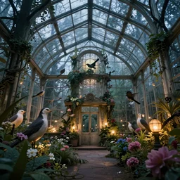 glass greenhouse, lost world, doomsday, birds, flowers, fairy tale, evening lights, highly detailed, low angle view, artstation, mysterious, comfort, in the style of aetherpunk