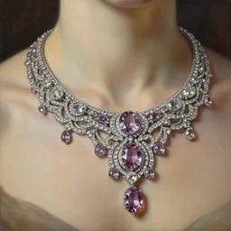 highly detailed oil painting, necklace shown from north to south, very realistic gemstones, art nouveau, ornate, delicate, brilliant precious gemstones necklace, dramatic light,