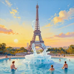 a painting of a dancing ice sculture like the eiffel tower in paris with melting ice cream on the skyline of paris on a very sunny bright summer sunset day, very hot and the ice is melting fast and people are swimming in the icecream in the style of james jean and botero