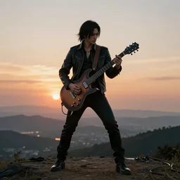 dio brando playing a rock guitar on top of a hill during a sunset, award winning photography