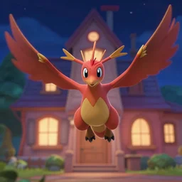 nighttime shot of cresselia the red latias from pokemon in the style of zootopia, floating in front of house looking at camera high resolution pixar