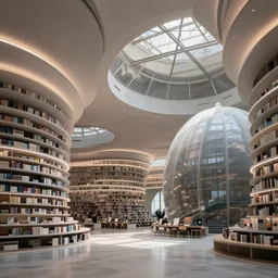extremely detailed stunning curvilinear library with high ceiling interior with mesh dome and skylight and led strips
