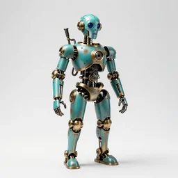 turquoise steampunk automaton, commercial catalog photo, isolated on a pure white background, centered, entire object in frame, sharp focus, soft studio lighting