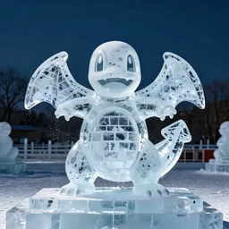 ice sculpture of charmander made of ice, photography