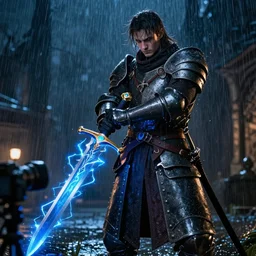 ultra realistic garen character as a medieval knight staying in the rain with sword that glows with blue electricity shot from professional camera, rim light, rainy weather, vivid lights night time, dark mood