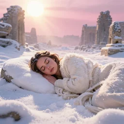 epic face portrait of Mila Kunis warmly clothed sleeping in deep snowy snow, winter princess, ancient ruins, prism sun rays through wind swept snow, pink golden hour, intricate, highly detailed, epic vista, very crispy, Ralph Horsley, Daniel F. Gerhartz, Artgerm, Boris Villajo, Lilia Alvarado