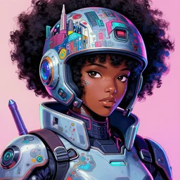 anime manga afro - cyberpunk 👩🏿🦲 gundam pilot portrait with an intricate futuristic urban inspired helmet, hyperrealistic digital illustration, by makoto shinkai, ilya kuvshinov, lois van baarle, rossdraws, basquiat, trending on artstation, cmyk, neon colors