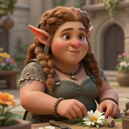 chubby female dwarven flower seller in courtyard, intricate braided hair, big nose, short plump figure, soft lighting, highly detailed face, sharp focus, artstation, dnd, sophie anderson, arnold armitage, loish