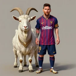 Lionel Messi standing beside a majestic goat, D&D, fantasy, intricate, elegant, highly detailed, digital painting, artstation, concept art, matte, sharp focus, illustration, art by Artgerm and Greg Rutkowski and Alphonse Mucha