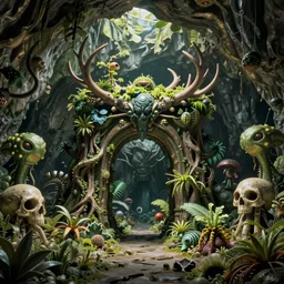 underground cave on an exotic alien planet, jungle gates of antler trees, insectile plants, gnarled stumps and weed overgrowth, dark demon face, skull, skeletal remains, by ian miller, rodney matthews and artstation, hyperdetailed, photorealistic render