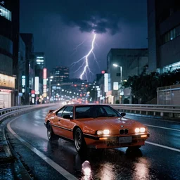 a single bmw m 1, speeding down tokyo highway in the rain, night time, neon lights, thunderstorm, movie still from the film bladerunner