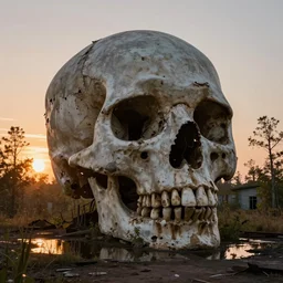 abandoned huge building in shape of skull, puddles of water, trees, sunrise, orange glow, by greg rutkowsky and ivan shishkin,