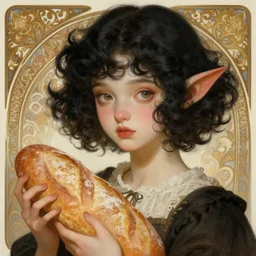 beautiful goblincore of a girl with short black curly hair, round face, cute face, holding a loaf of bread. intricate, elegant. highly detailed, digital painting, artstation, concept art, smooth, sharp, focus, illustration. . art by artgerm and greg rutkowski and alphonse mucha