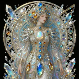 ecopunk rococo, iridescent diaphanous refractive and reflective crystal crystalline pearly, opal and blue topaz and amber and onyx colors, fantasy, intricate, elegant, highly detailed, digital painting, artstation, concept art, matte, sharp focus, illustration, hearthstone, art by artgerm and greg rutkowski and alphonse mucha