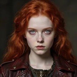 head and shoulders portrait of a young girl in a leather jacket, pale skin, piercing pale eyes, red hair, vibrant color, steampunk, high detail, masterpiece by caravaggio, artgerm, craig mullins, ruan jia, frank frazetta, peter mohrbacher