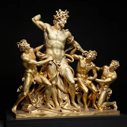 long line-up of polished gold and crude oil laocoon and his sons struggling and twisted, intertwined full body view, jewelry photography, black background