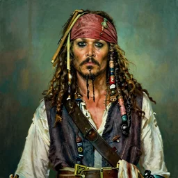 a portrait of Captain Jack Sparrow a space bounty hunter by Thomas Kinkade trending on Artstation