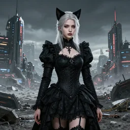 beautiful ultra realistic digital art of lunar cyberpunk city showing ciri from the witcher 3 with cat ears standing in a black gothic frilly dress, beautiful drawn face by akihiko yoshida and scenery by greg rutkowski high quality render in unreal engine 5, next gen, 8 k