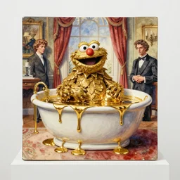 beautiful studio photograph of a surrealist assemblage of oscar the grouch bathing in liquid gold in the presidential suite, made of watercolor - painted plaster on a pedestal by ron mueck and matthew barney and rene magritte, hysterical realism intense cinematic lighting shocking detail 8 k