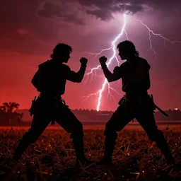 cinematic still of silhouettes of two men fighting in ancient clothing, farm field background, red hues, lightning, directed by Russell Mulcahy
