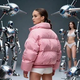 beautiful fantasy character portrait, natalie portman, back facing, wearing oversized pink puffy bomber jacket, futuristic chrome drones, ultra realistic, dramatic lighting, robots, back to the future artifacts, highly detailed by peter mohrbacher, hajime sorayama, wayne barlowe, boris vallejo, aaron horkey, gaston bussiere, craig mullins, white bikini