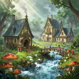 medieval village, ornate, beautiful, atmosphere, vibe, mist, smoke, chimney, rain, well, wet, pristine, puddles, red speckled mushrooms, waterfall, melting, dripping, snow, creek, lush, ice, bridge, cart, orange, green, stained glass, forest, flowers, concept art illustration, color page, 4 k, tone mapping, doll, akihiko yoshida, james jean, andrei riabovitchev, marc simonetti, yoshitaka amano, digital illustration, greg rutowski, volumetric lighting, sunbeams, particles, trending on artstation