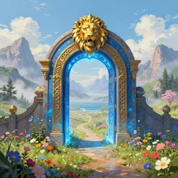 A giant medieval fantasy blue energy portal gate with a rusty gold carved lion face at the center of it, the portal takes you to another world, full of colorful flowers on the lost Vibes and mountains in the background, spring, delicate fog, sea breeze rises in the air, by andreas rocha and john howe, and Martin Johnson Heade, featured on artstation, featured on behance, golden ratio, ultrawide angle, f32, well composed