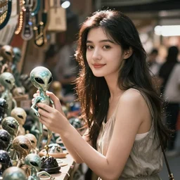 beautiful girl selling alien artifacts in Chinese market