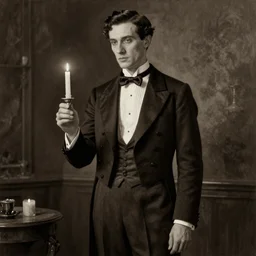ultra realistic sepia portrait of a 1 9 2 0 s era, magician, a tall, thin man, well dressed, slicked - back black hair, long - tailed tuxedo coat, black bow tie, holding a candle, atmospheric lighting, dark, atmospheric, painted, intricate, ultra detailed by leesha hannigan, thierry doizon, kai carpenter, well composed, best on artstation, cgsociety, epic, stunning, gorgeous, intricate detail, wow, masterpiece