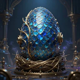 symmetric ！ a steampunk manufactured mystical canal blue dragon egg by precision machinery covered with huge electroplated squama ， in the magic nest, magic light dust,, intricate. dim lighting, unreal engine 5, concept art ， by greg rutkowski, loish, highly rendered, digital painting, artstation, artstation hq