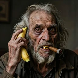 an incredibly old shriveled man has banana for fingers stroking his long hair, sharp teeth yellow rotting haggard nasty man smells of cigar and death portrait