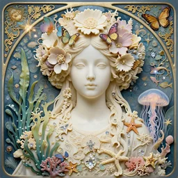 hyperrealistic detailed portrait of an oriental young pale girl made of ivory, with flowers, butterflies, corals, sea kelp, sea plants, fish, starfish, jellyfish, diamonds, filaments, golden filigree, neon lights, art by ernst haeckel, john william godward, hammershøi, alphons mucha, pontormo, ornamental, decorative, art nouveau wallpaper, lights by hopper, pastel deep colours,