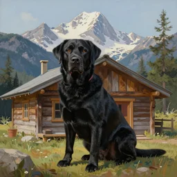 A matte painting of a black Labrador in a cabin in the mountains by Thomas Kinkade, XF IQ4, 150MP, 50mm, F1.4, ISO 200, 1/160s, natural light