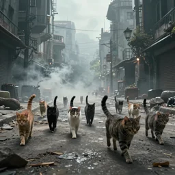 apocalyptic, a lot of cats walking on the future streets. smoke. volumetric lighting, sharp focus, ultra detailed, cgsociety - w 1 0 2 4 - n 8 - i