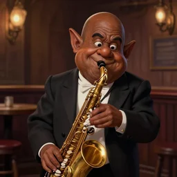 picture of a jazz playing dwarf in a pub, lotr, male, black skin, saxophone, tuxedo, face details, shapely, extremely detailed, smooth, sharp focus, digital illustration, by artgerm, rossdraws, sakimichan